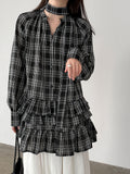 Plaid Ruffle V-Neck Tie Blouse for Women Spring Unique Design Layering Dress