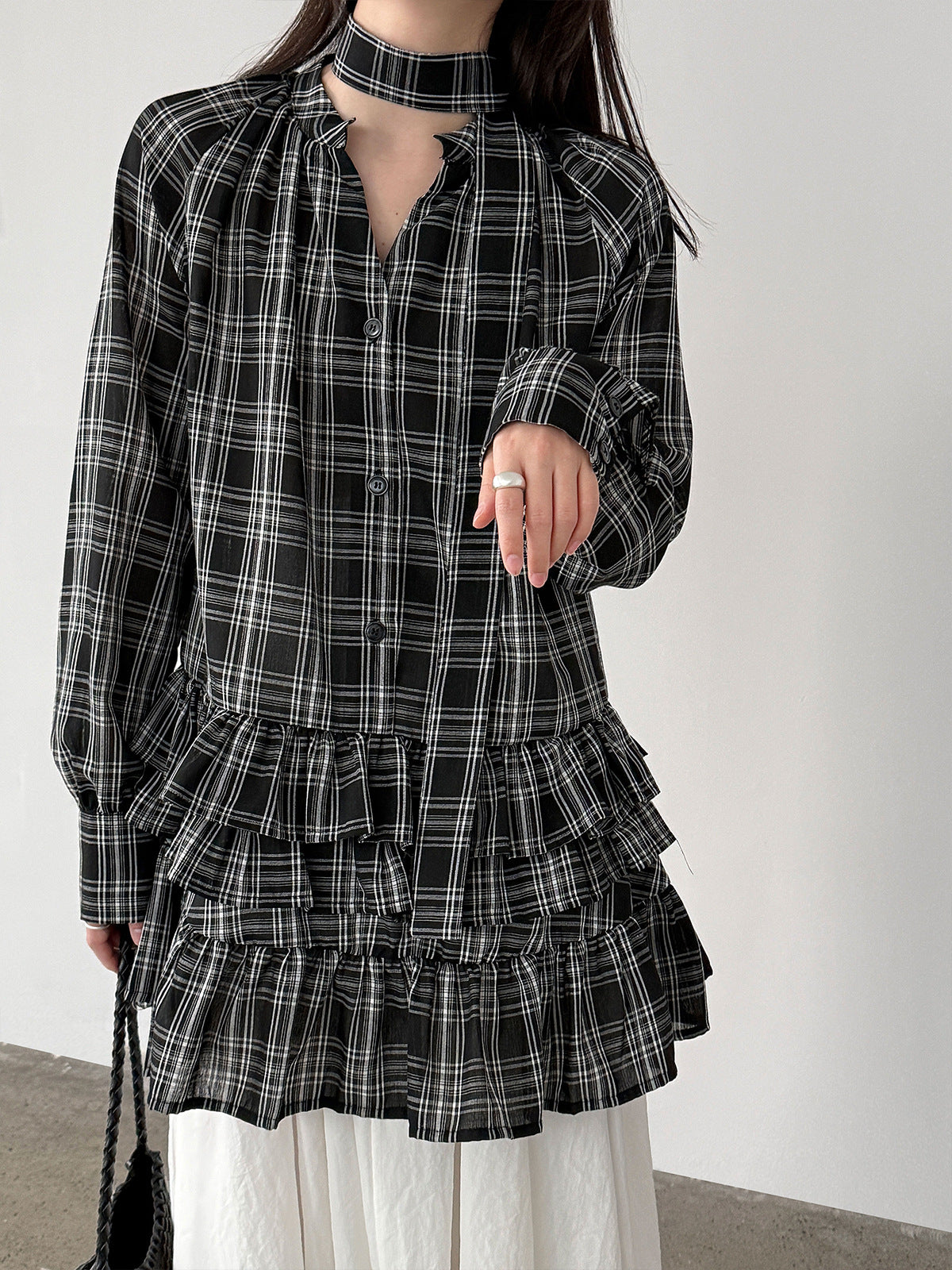 Plaid Ruffle V-Neck Tie Blouse for Women Spring Unique Design Layering Dress