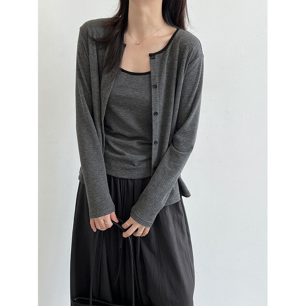 Striped Long Sleeve Cardigan + Matching Color Camisole Set for Women Slim-Fit Layered Two-Piece Outfit