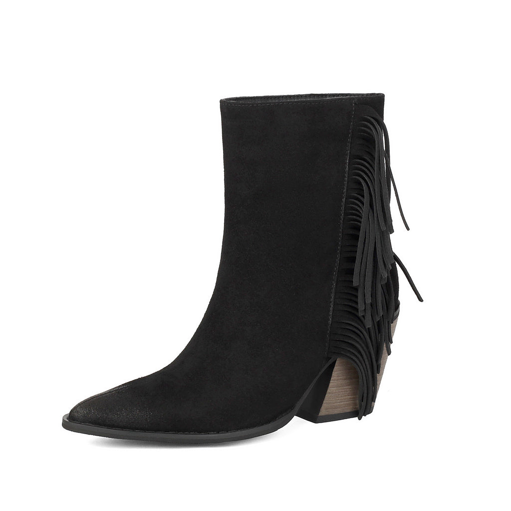Western Style Ankle Boots for Women, Pointed Toe with Tassel, Chunky High Heel Made to order, ships in 7 days
