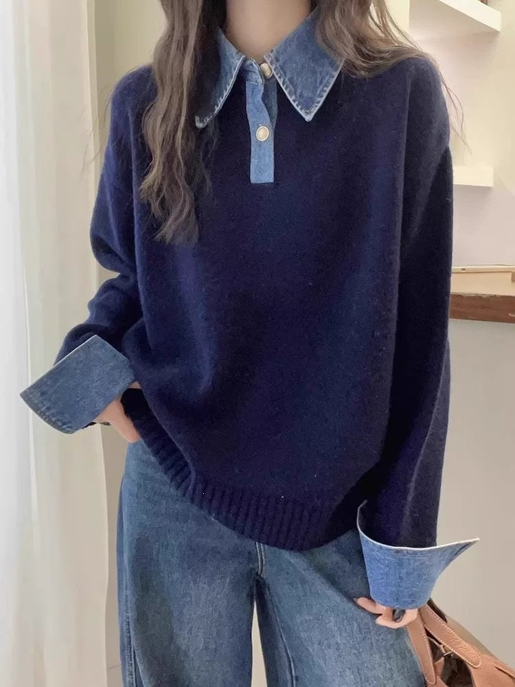 Color blocked denim patchwork polo collar long sleeved sweater for women