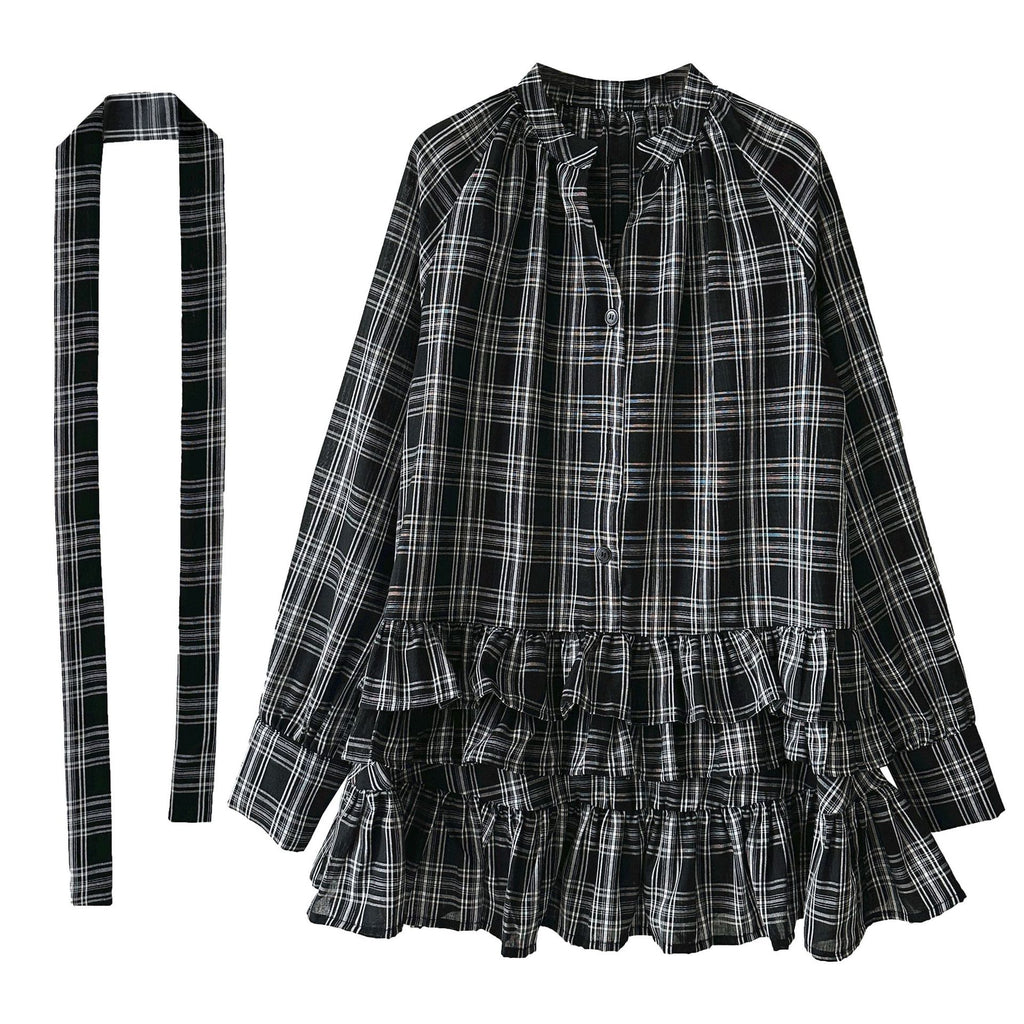 Plaid Ruffle V-Neck Tie Blouse for Women Spring Unique Design Layering Dress