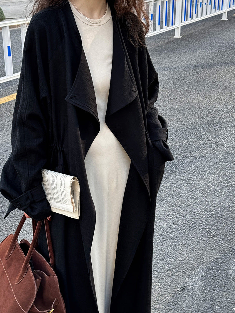 New Chinese Style Over-the-Knee Trench Coat for Women, Mid-Length, Drawstring Linen Cotton Outerwear