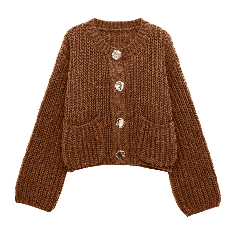 Women's Plain Color Round Neck Knit Cardigan Coat, Loose Casual Long Sleeve Sweater Top