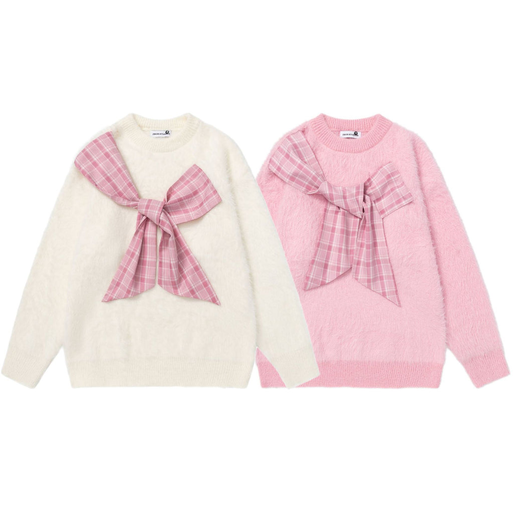 Checkered scarf round neck sweater