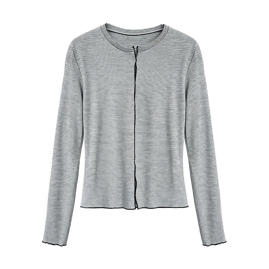 Color-Blocking Stripe Round Neck Long Sleeve Top for Women Hollow-Out T-Shirt Innerwear