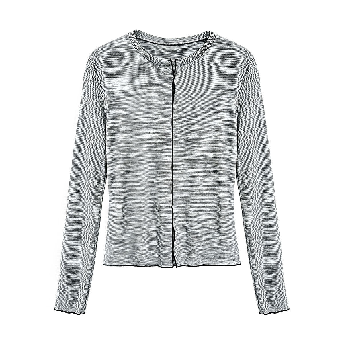Color-Blocking Stripe Round Neck Long Sleeve Top for Women Hollow-Out T-Shirt Innerwear