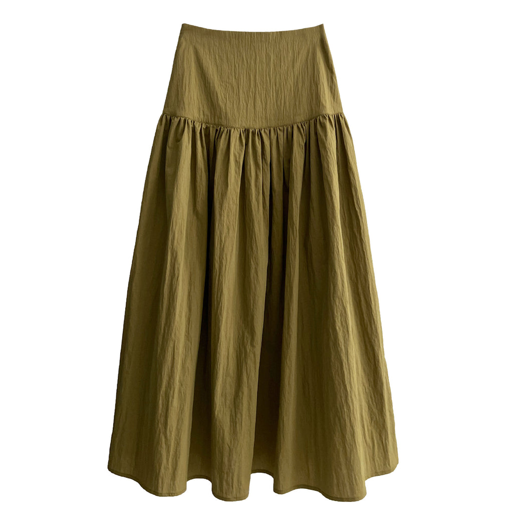 High-Waisted Cotton-Polyester Pleated Midi Skirt for Women, Solid Color Puffy A-Line Elegant Long Skirt