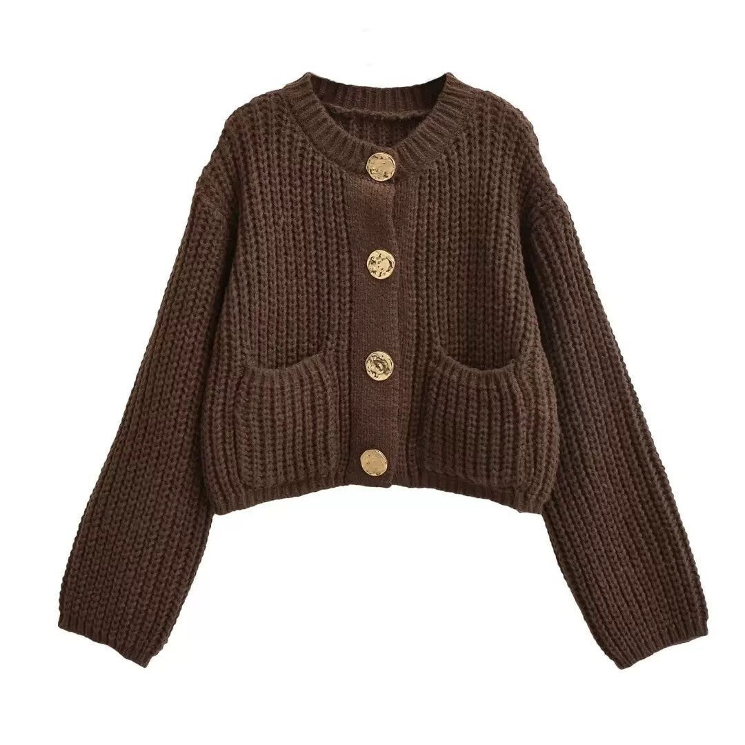 Women's Plain Color Round Neck Knit Cardigan Coat, Loose Casual Long Sleeve Sweater Top