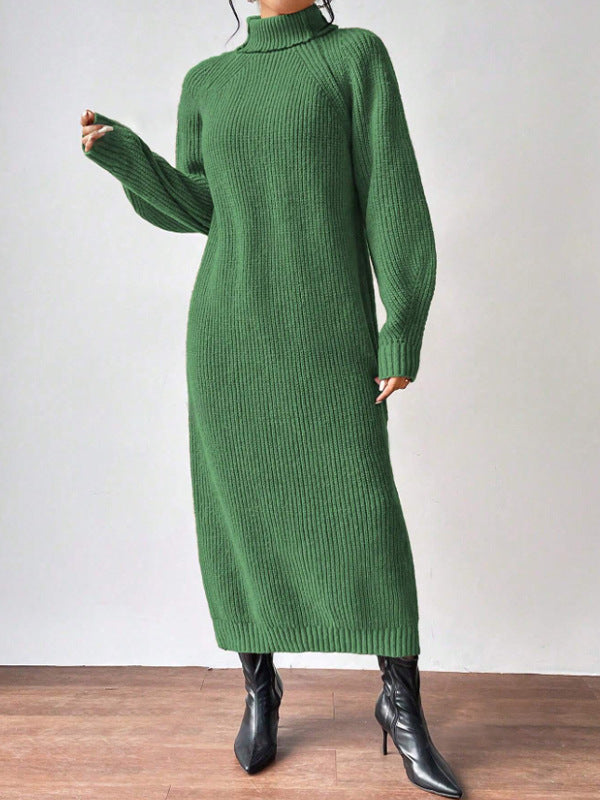 Fashionable Knit Dress for Women, Long Sleeve, High Neck, Crewneck, Solid Color, Long Length, Inner Layer Dress