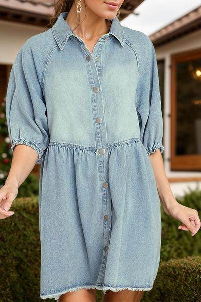 Raw Hem Snap Down Half Sleeve Denim Dress for Women