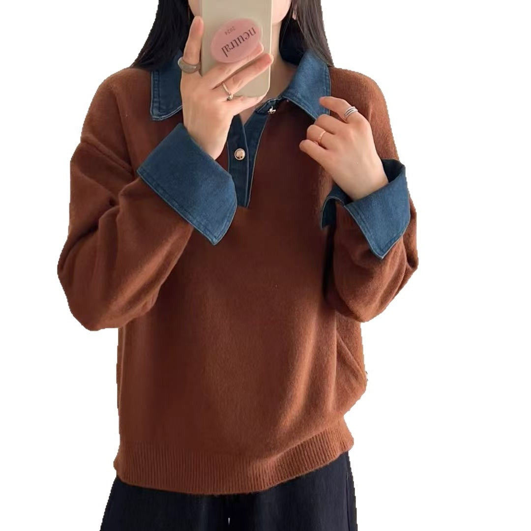 컬러블록 데님 패치워크 폴로카라 스웨터 (여성)