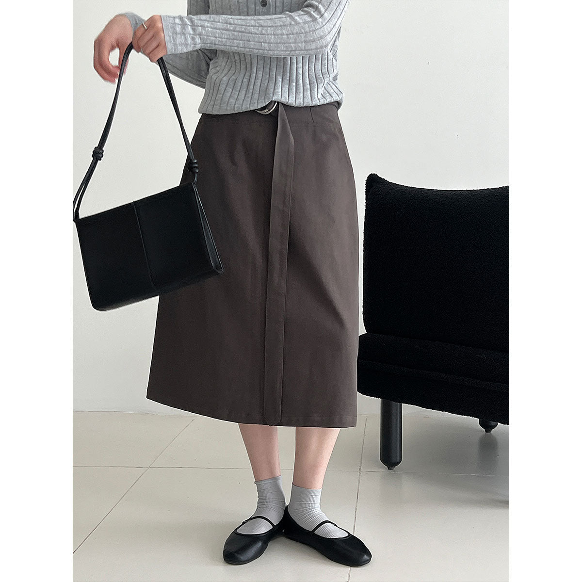 Deer West Minimalist High-Waisted Tie Waist Skirt for Women Early Autumn Commute Smart Slimming A-Line Pencil Mid-Length Skirt