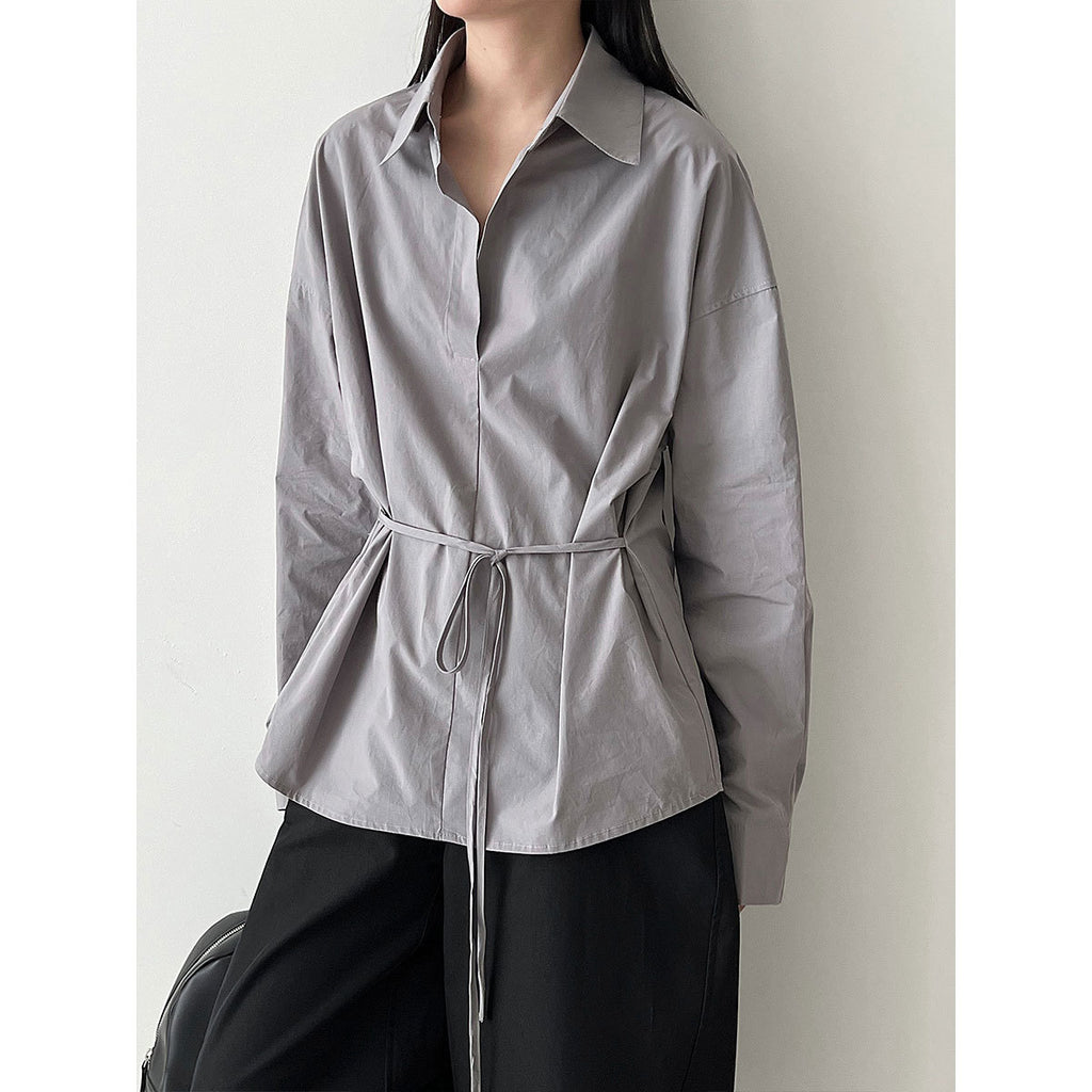 Polo Neck Casual Shirt for Women, Belted Slim Fit Vintage Top