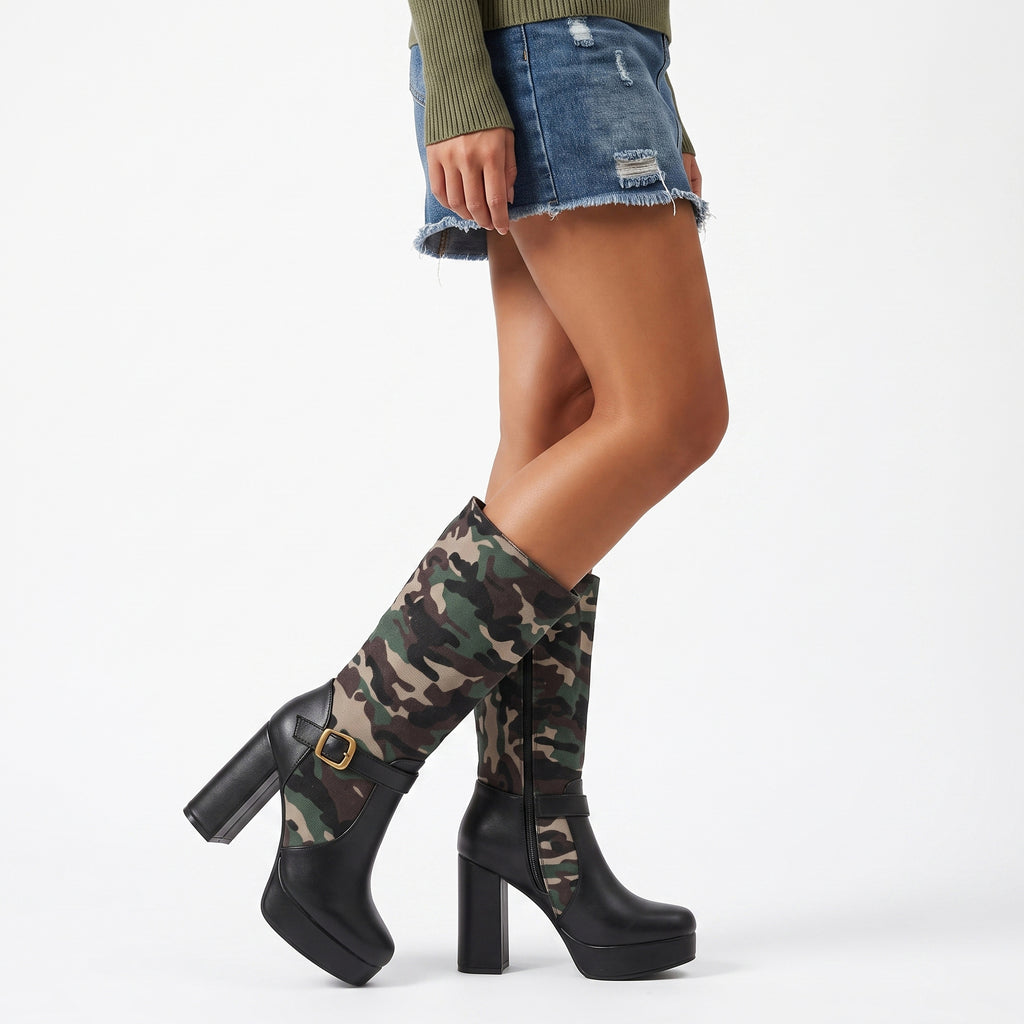 Fashion Punk Style Camouflage High-Cut Women's Boots with Thick Heel and Platform Made to order, ships in 7 days