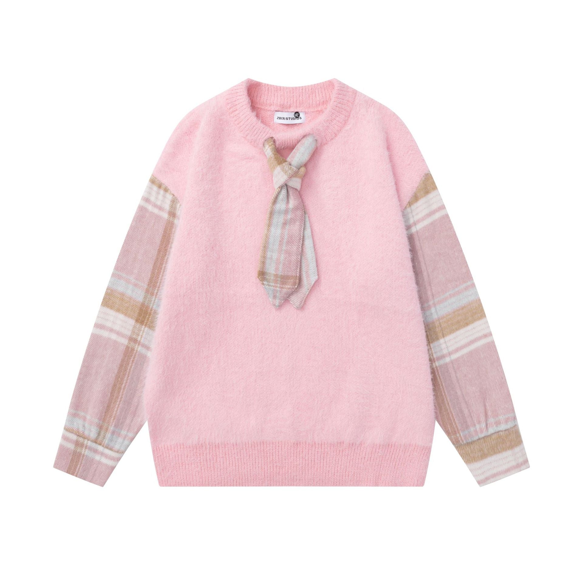 Splicing plaid tie sweater