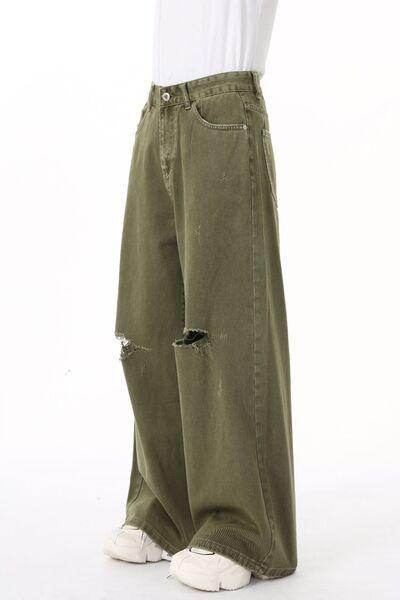 Distressed Wide Leg Jeans with Pockets for Casual Style
