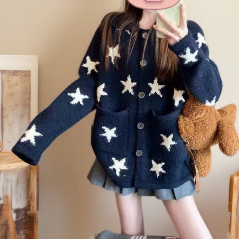 Knit Cardigan with Pocket for Women, Soft and Loose Sweater with Star Jacquard Pattern