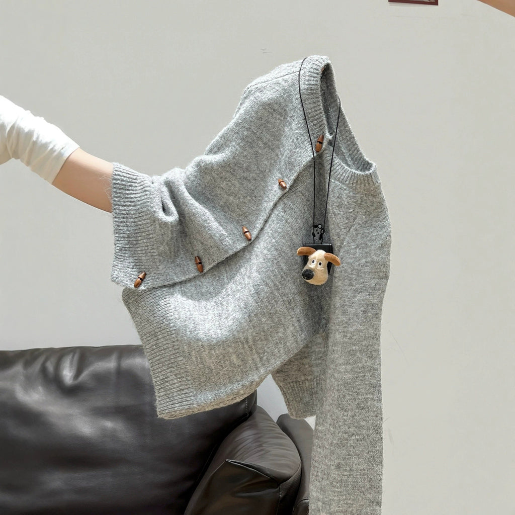 Soft Style Round Neck Horn Button Knitted Cardigan Women Loose Soft Versatile Sweater Coat