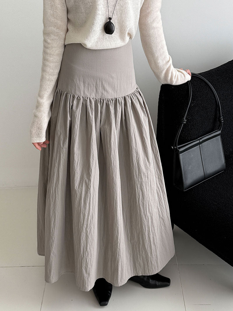 High-Waisted Cotton-Polyester Pleated Midi Skirt for Women, Solid Color Puffy A-Line Elegant Long Skirt