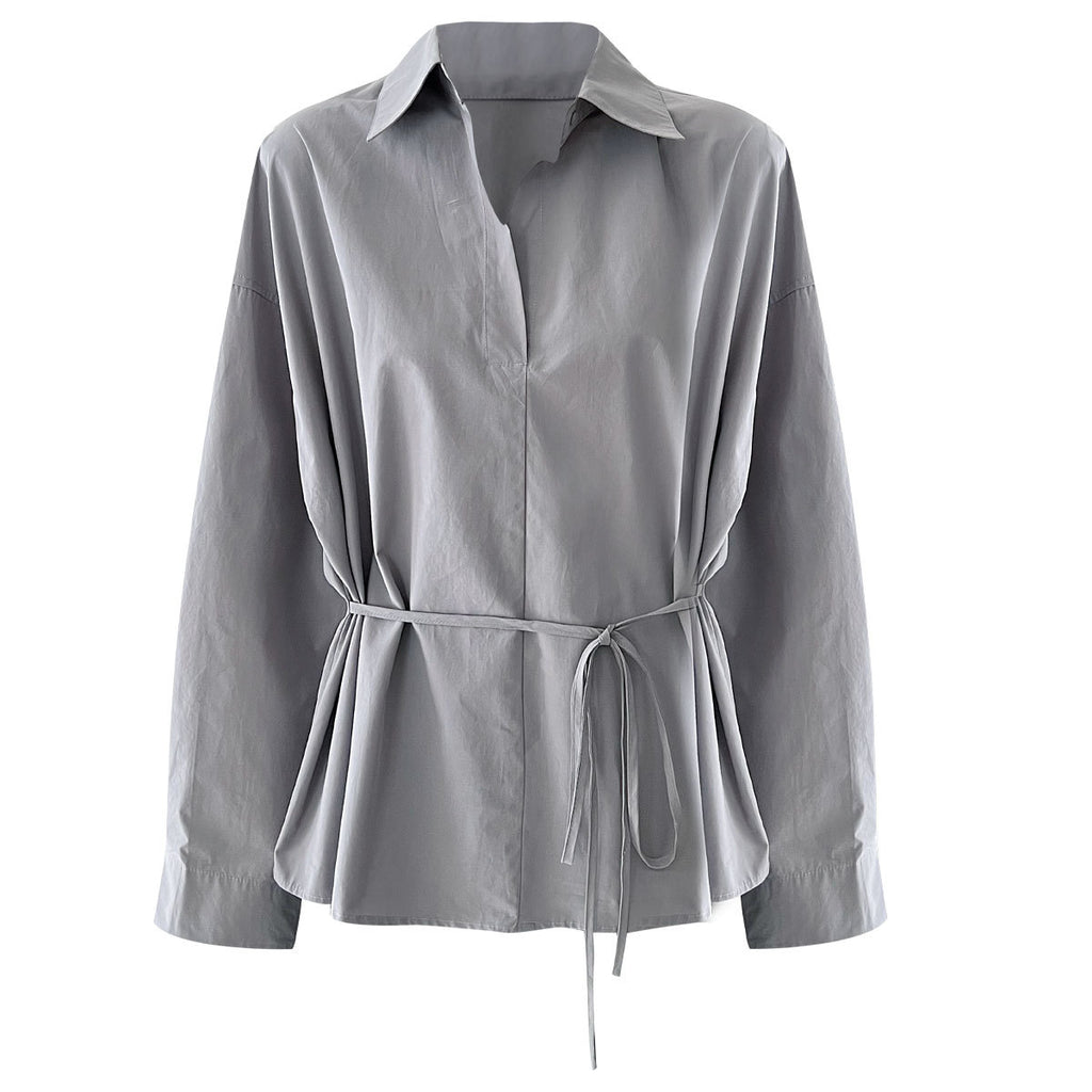 Polo Neck Casual Shirt for Women, Belted Slim Fit Vintage Top