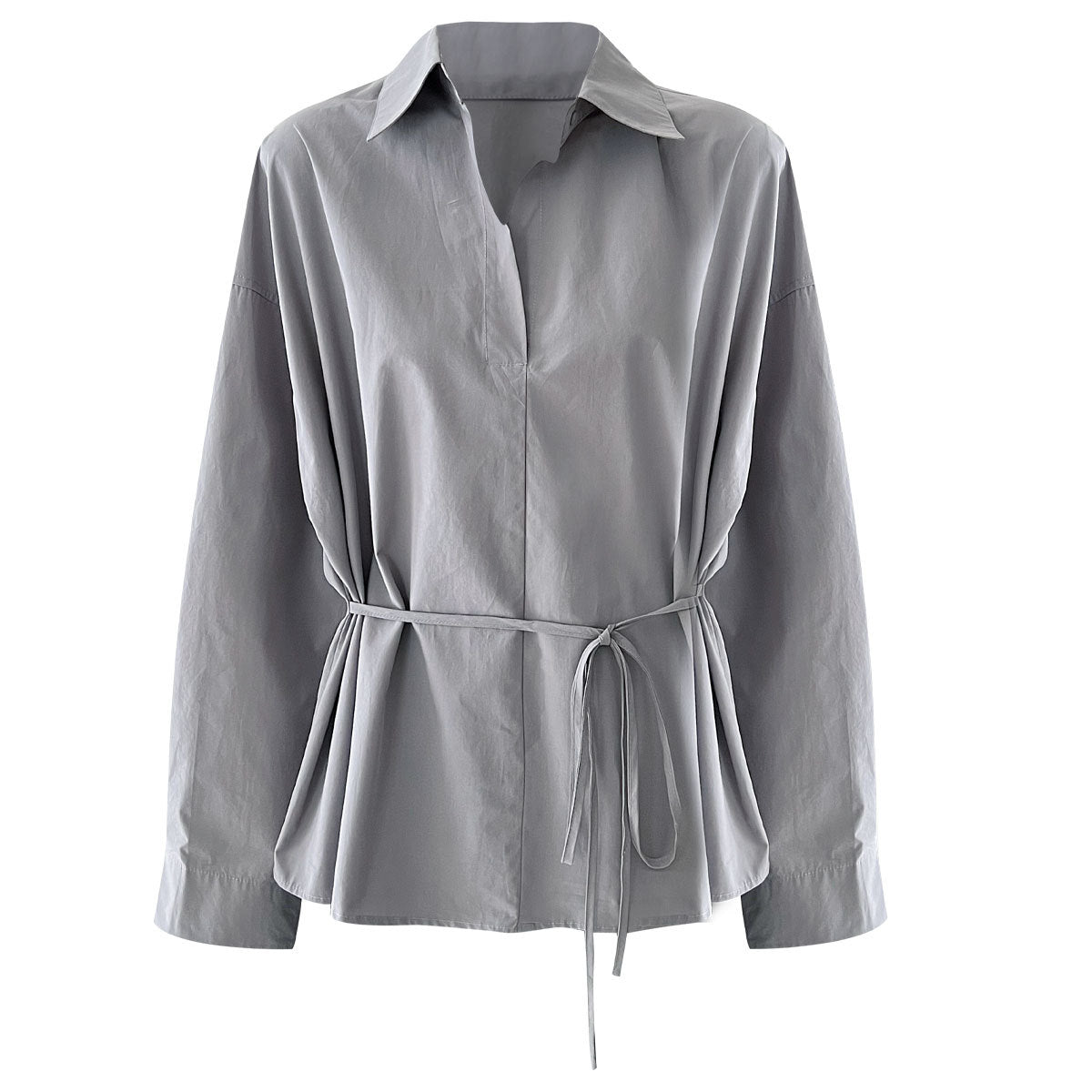 Polo Neck Casual Shirt for Women, Belted Slim Fit Vintage Top