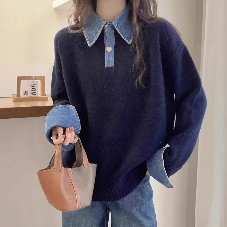 Color blocked denim patchwork polo collar long sleeved sweater for women