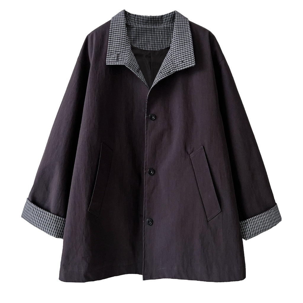 Plaid Patchwork Stand Collar British Style Mid-Length Trench Coat for Women Loose Oversized Outerwear