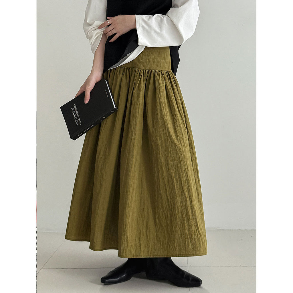 High-Waisted Cotton-Polyester Pleated Midi Skirt for Women, Solid Color Puffy A-Line Elegant Long Skirt