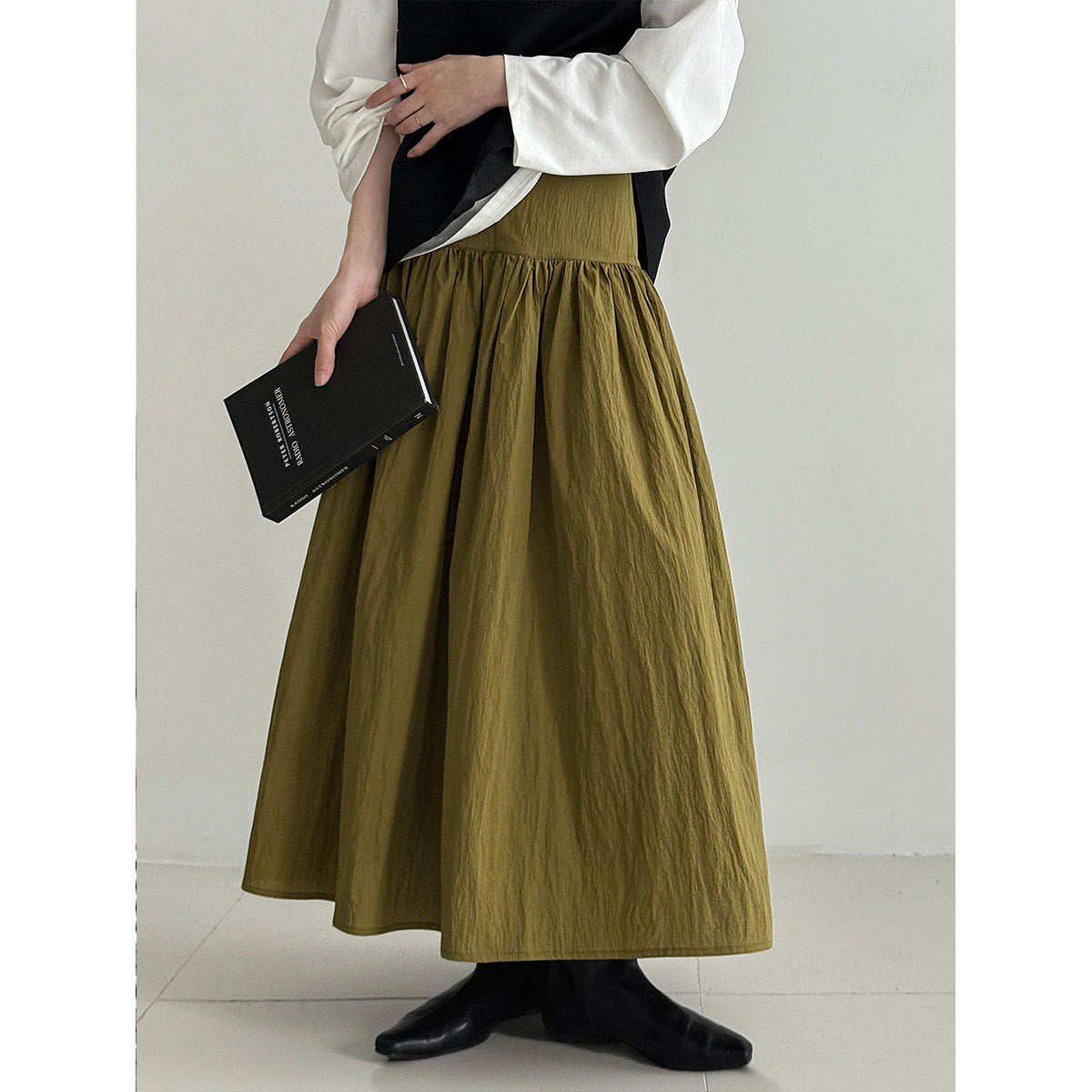 High-Waisted Cotton-Polyester Pleated Midi Skirt for Women, Solid Color Puffy A-Line Elegant Long Skirt