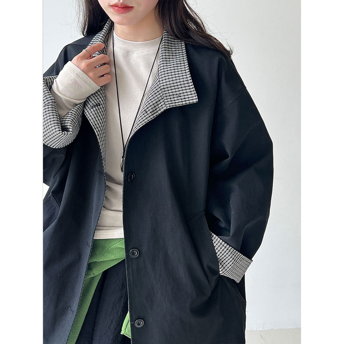 Plaid Patchwork Stand Collar British Style Mid-Length Trench Coat for Women Loose Oversized Outerwear
