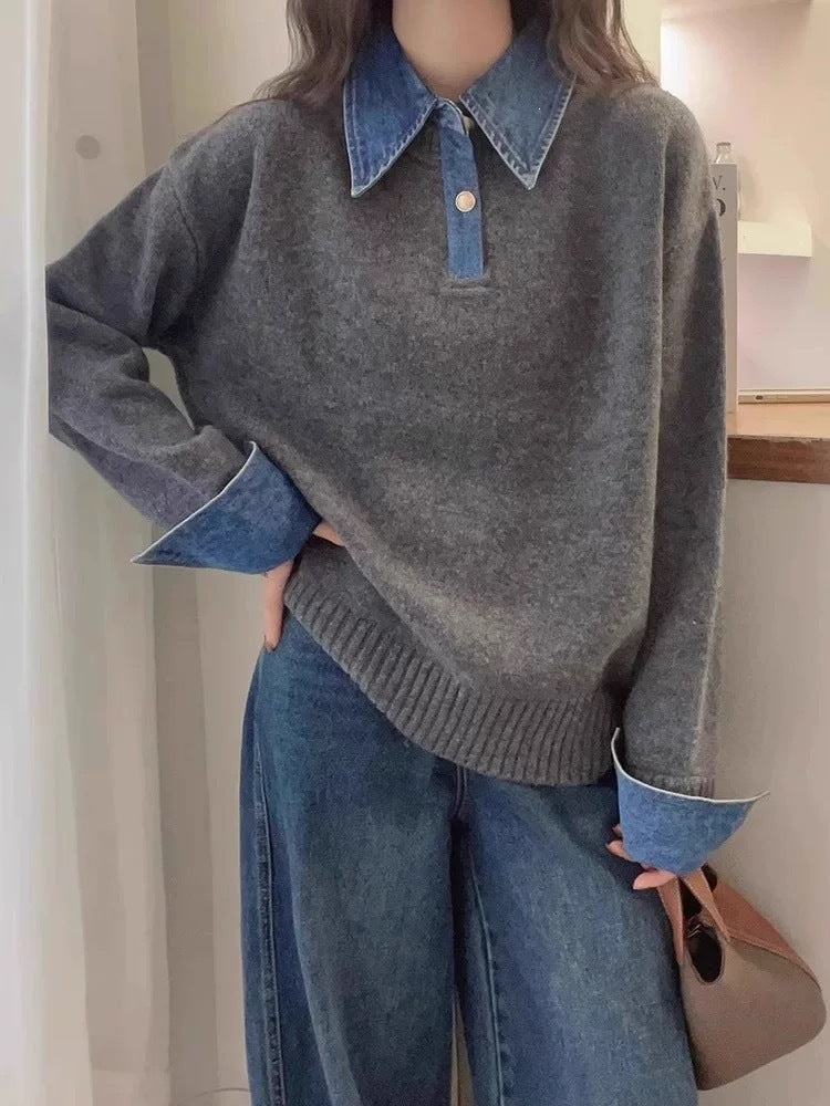 Color blocked denim patchwork polo collar long sleeved sweater for women