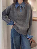 Color blocked denim patchwork polo collar long sleeved sweater for women