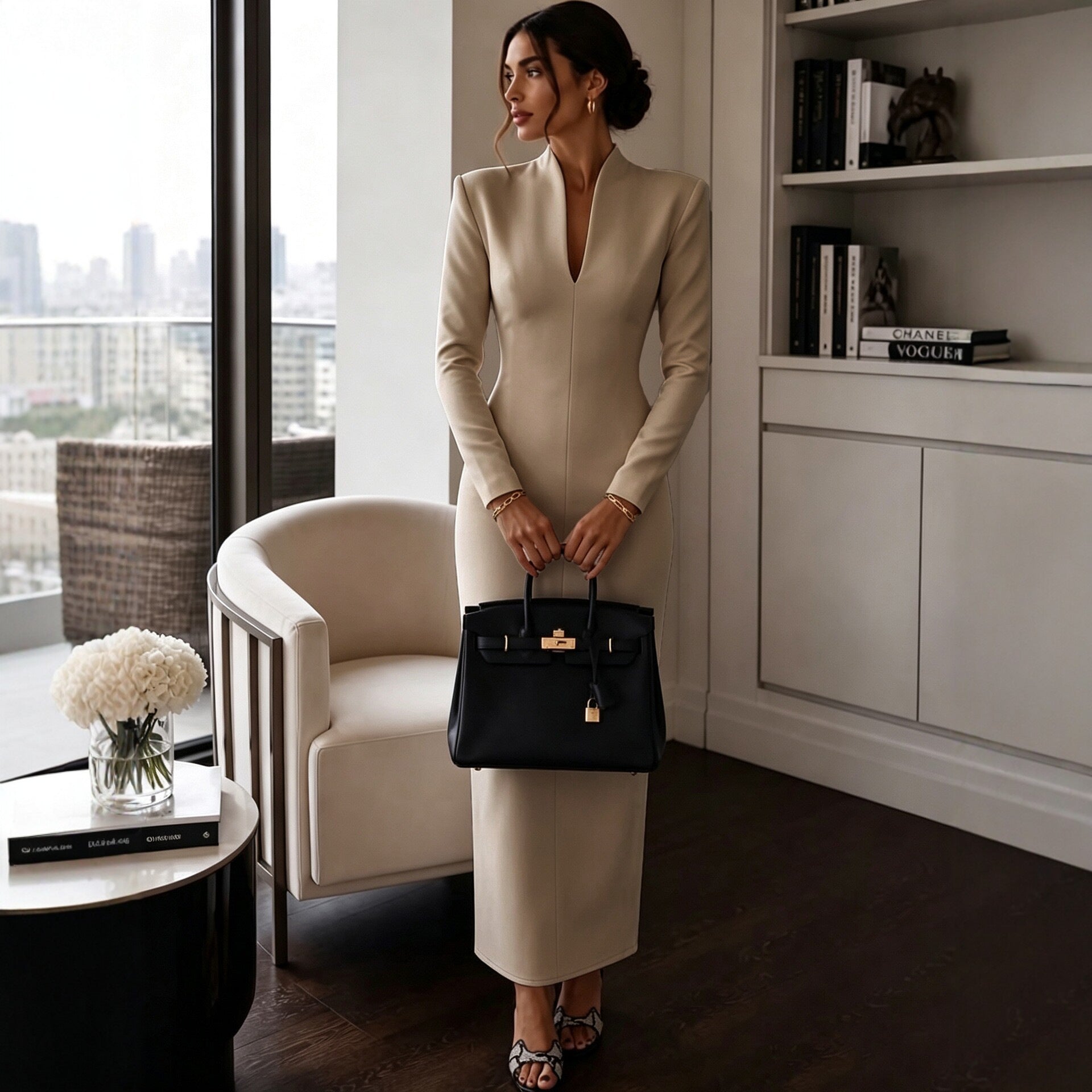 Stand-up Collar V-Neck Long Sleeve Fitted Bodycon Dress Evening Gown Luxury