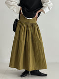 High-Waisted Cotton-Polyester Pleated Midi Skirt for Women, Solid Color Puffy A-Line Elegant Long Skirt