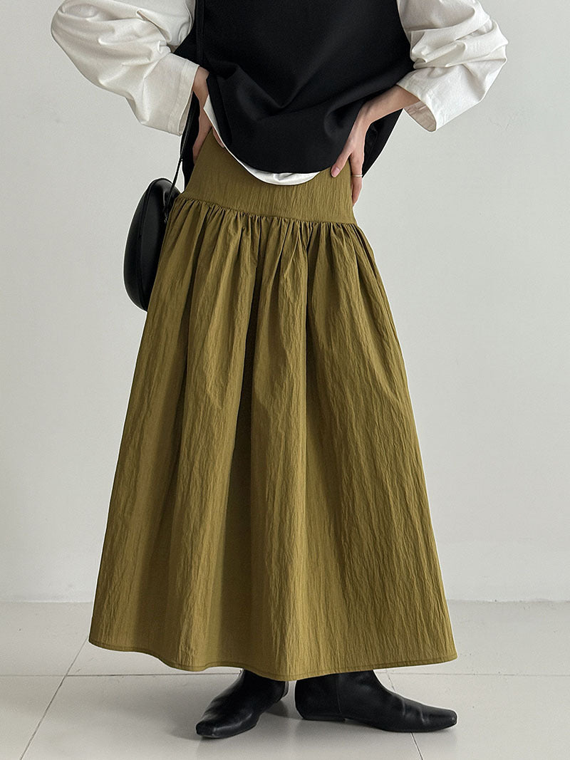High-Waisted Cotton-Polyester Pleated Midi Skirt for Women, Solid Color Puffy A-Line Elegant Long Skirt
