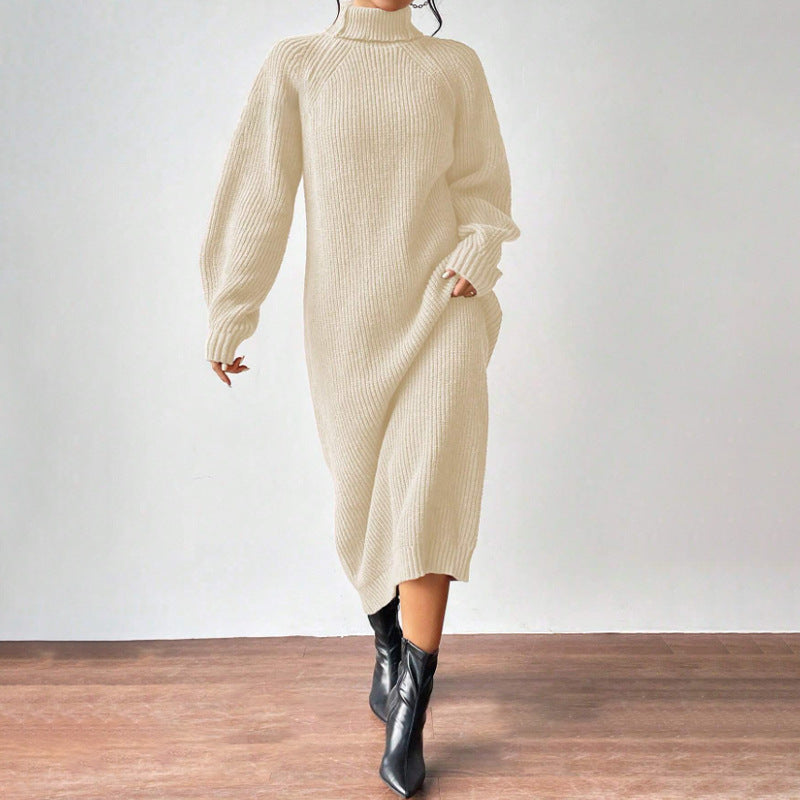 Fashionable Knit Dress for Women, Long Sleeve, High Neck, Crewneck, Solid Color, Long Length, Inner Layer Dress