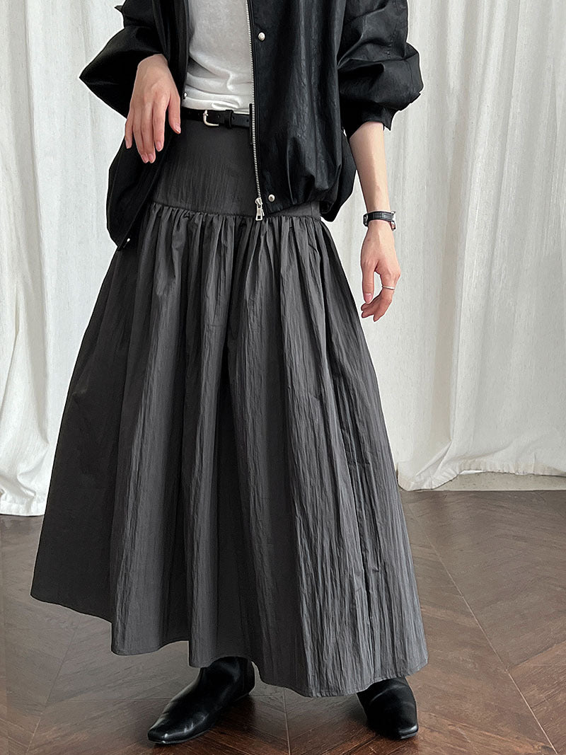 High-Waisted Cotton-Polyester Pleated Midi Skirt for Women, Solid Color Puffy A-Line Elegant Long Skirt