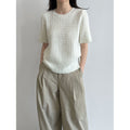 Cable Knit Short Sleeve Wool Round Neck T-Shirt for Women Slim Fit Top