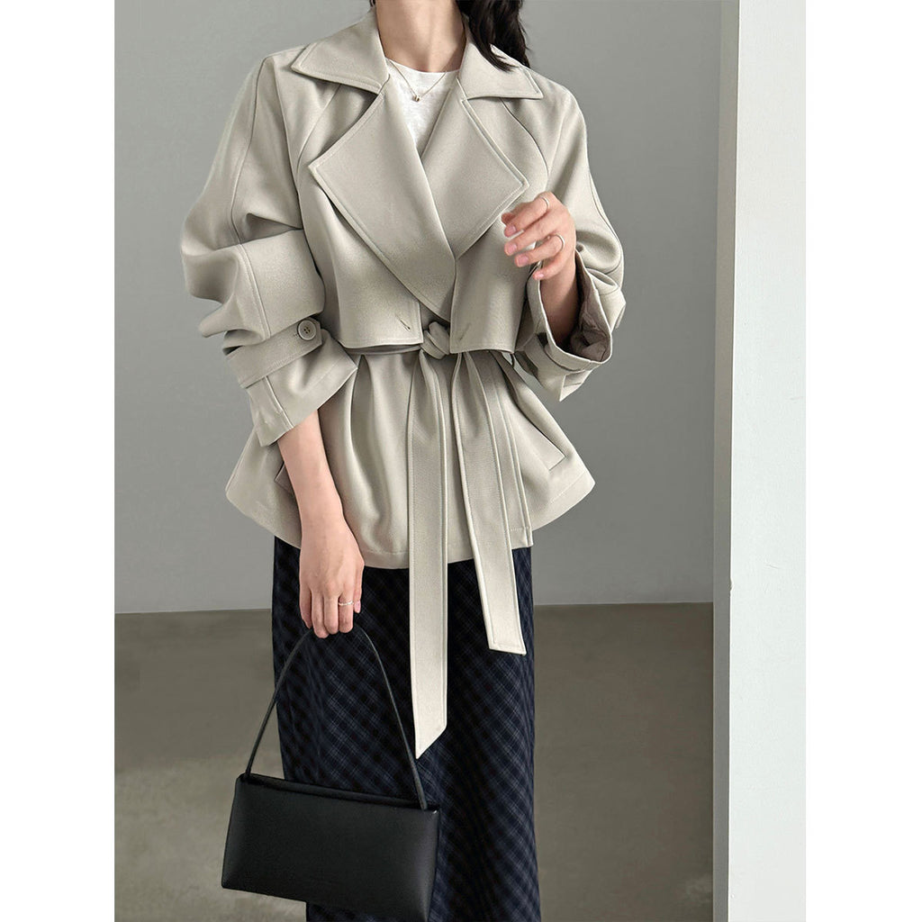 British Style Belted Waist Flip Collar Trench Coat for Women Short Outerwear with Elegant Chic Look