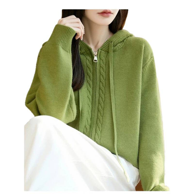 Plus Size Hooded Sweater Cardigan for Women, Loose Casual Style Zip-Up Knit Coat