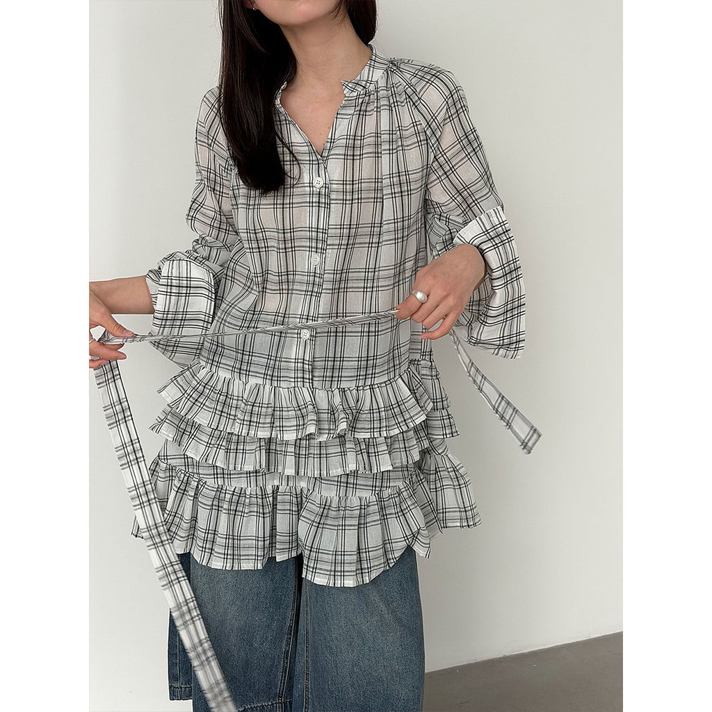 Plaid Ruffle V-Neck Tie Blouse for Women Spring Unique Design Layering Dress