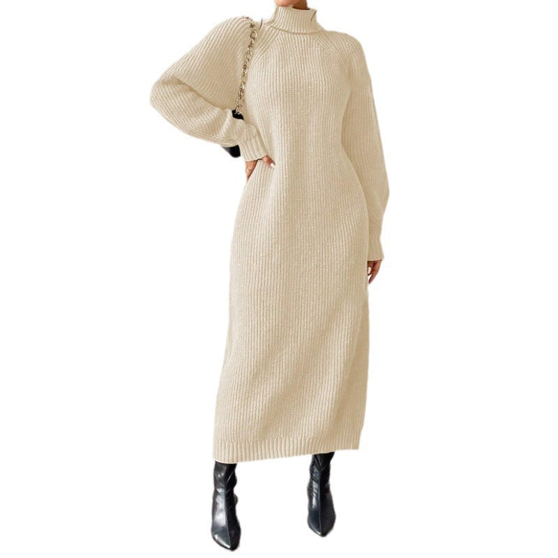 Fashionable Knit Dress for Women, Long Sleeve, High Neck, Crewneck, Solid Color, Long Length, Inner Layer Dress