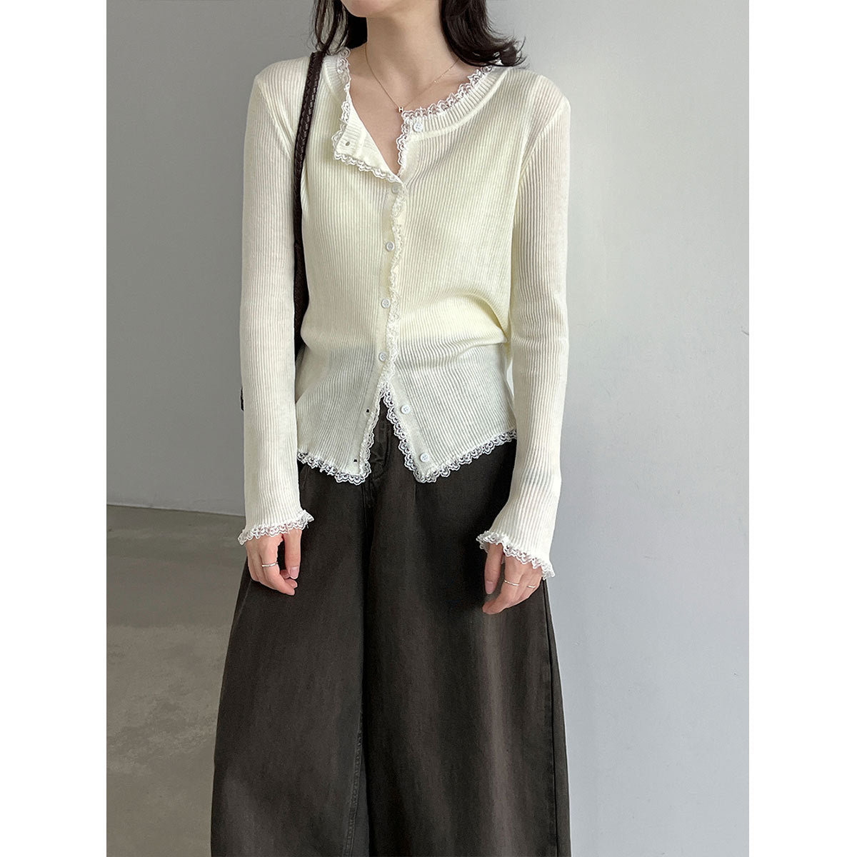 Lace Trim Knit Two-Piece Set for Women, V-Neck Crop Top + Elegant Fitted Cardigan