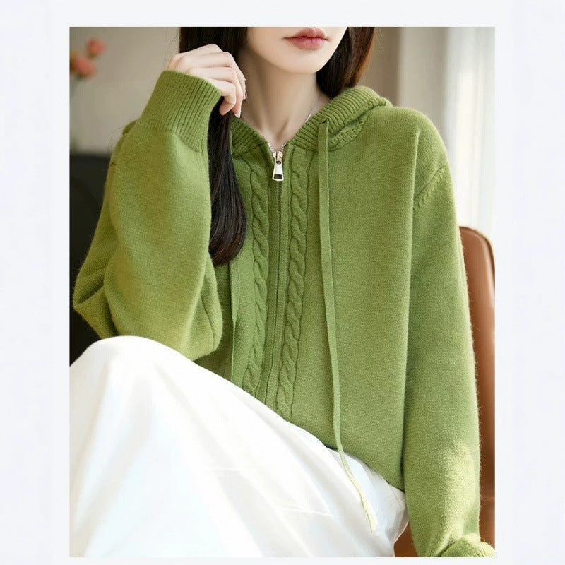 Plus Size Hooded Sweater Cardigan for Women, Loose Casual Style Zip-Up Knit Coat