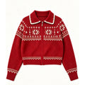 Fair Isle Vintage Jacquard Knit Cardigan Polo Neck Zipper Loose Sweater Coat Top
