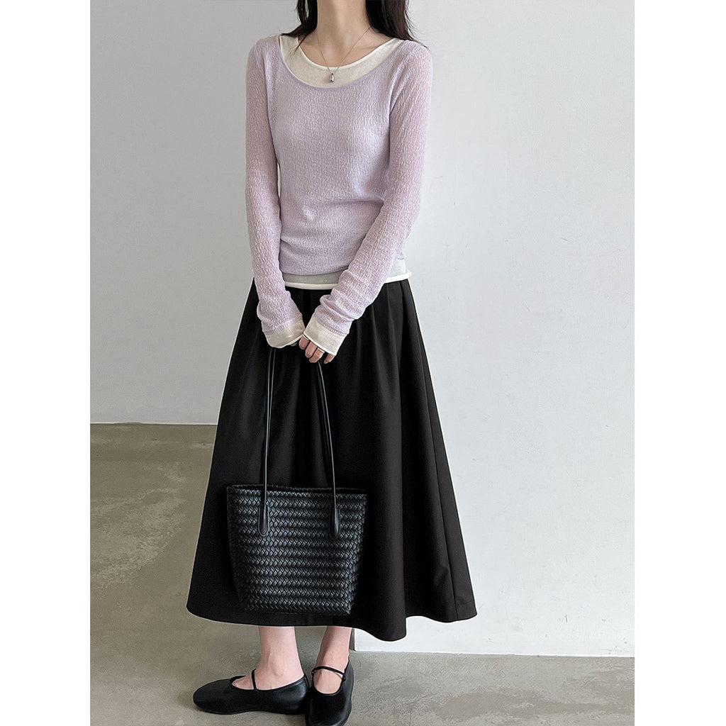 Wool Faux Two-Piece  Long Sleeve Basic Top for Women New Slim Fit Knitwear Shirt