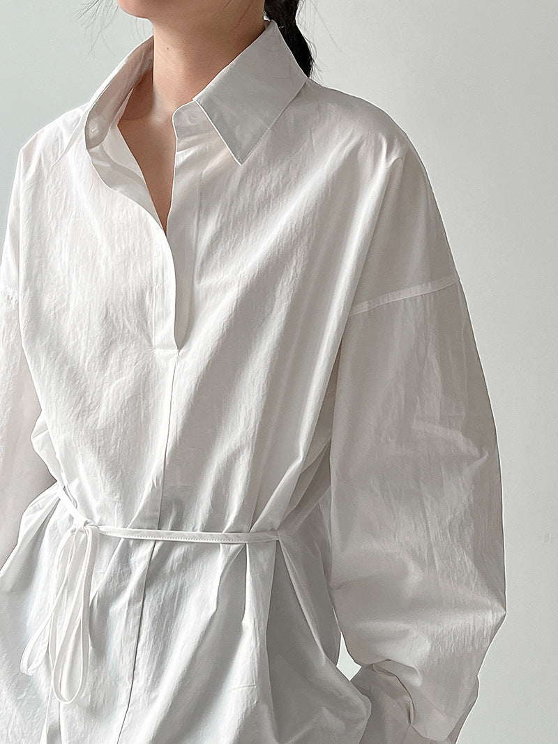 Polo Neck Casual Shirt for Women, Belted Slim Fit Vintage Top