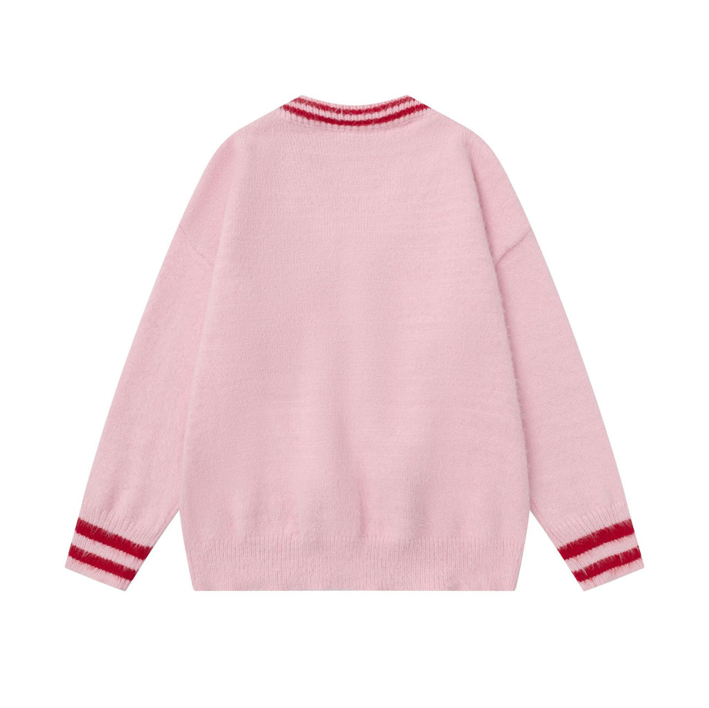 V-neck teddy bear pendant sweater