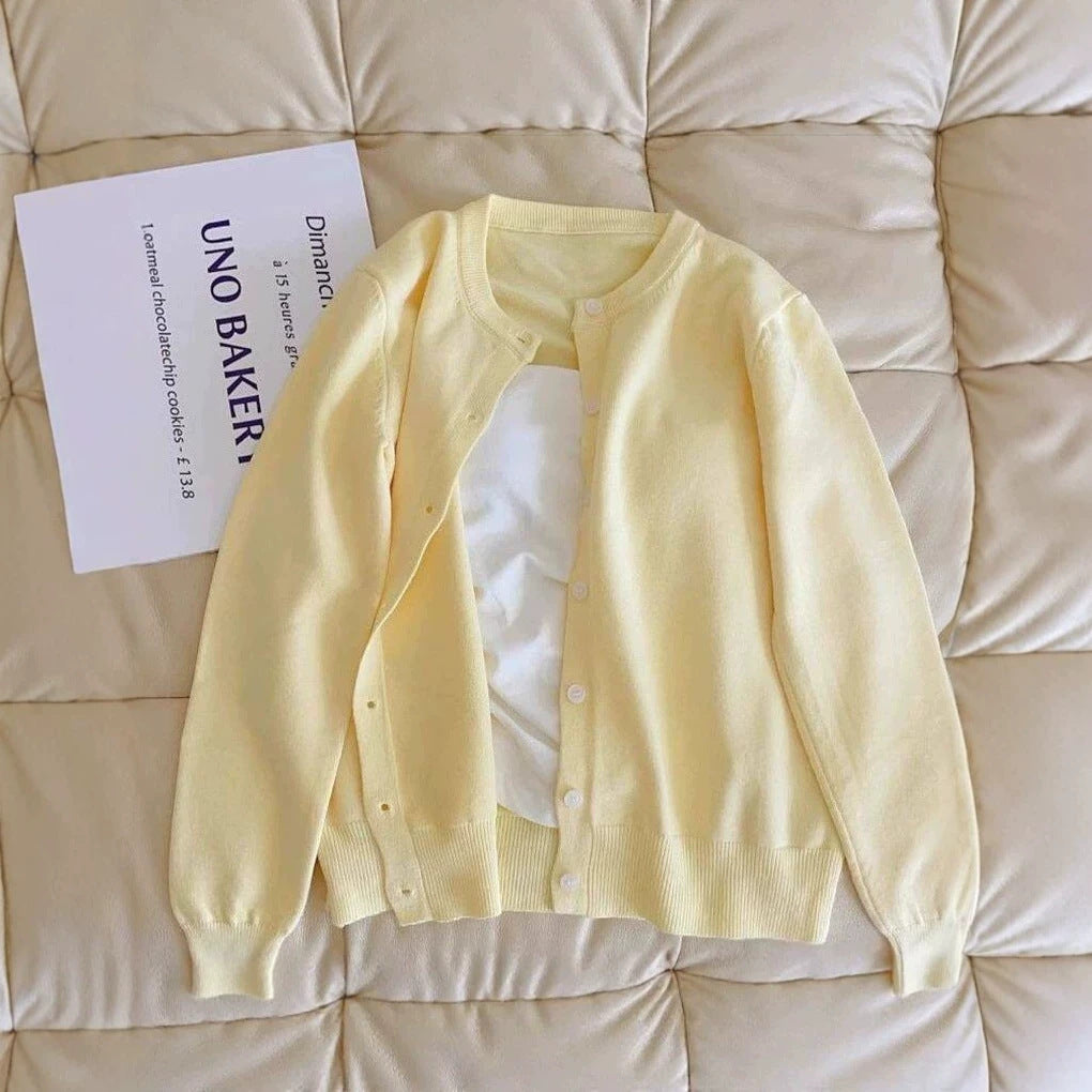 Soft Yellow Round Neck Long Sleeve Light Blue Knit Cardigan for Women Sweater Coat